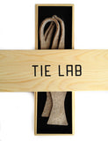 Tan eco felt bow tie, industrial felt tie and wood box.