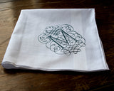 Cobalt ink on white cotton handkerchief.