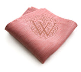 Initial Pocket square: "W" in dark salmon on coral pink linen.