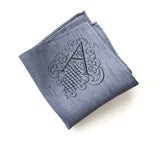 Initial Pocket square: letter "A" in navy variegated light blue linen.