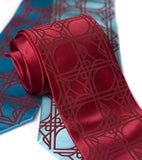 Crimson ink on crimson, turquoise, aqua. Standard width silk.