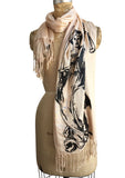Scales of Justice Fringed Scarf, Black Print on Parchment Luxe Weight Pashmina, by Cyberoptix