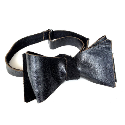 Black Cracked Gloss Leather Bow Tie