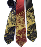 Leo Zodiac Print Necktie. Gold on burgundy, navy, black.