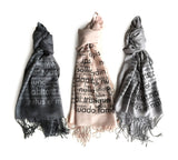 Lorem Ipsum Scarf: pale grey on charcoal, black on blush, black on silver.