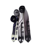 Mackinac Bridge Necktie. Ivory on navy; black on silver, charcoal