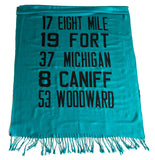 Detroit Bus Scroll scarf, teal blue.