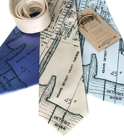 Detroit Map Silk Necktie, Detroit River & Marina