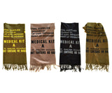 Civil Defense Medical Kit Scarf: Yellow on golden olive, black on sand; dove on black, black on golden olive.