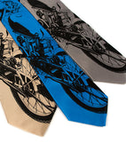 Motorcyle ties. Black on champagne, electric blue, silver.