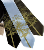 Aspen Necktie: Moss green print on black, sky blue, olive.