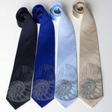 Nautilus Shell Neckties. Dove gray on navy, sky, royal, champagne.