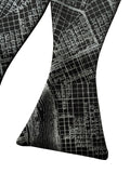 New Orleans map print self tie bow tie, by Cyberoptix. Dove grey on black.