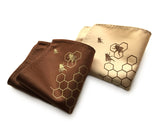 Honey Bee pocket square. Gold on milk chocolate; bronze on butter.