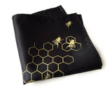 Honey Bee pocket square. Gold on black.