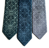 Geometric print neckties. Dark teal, peacock, gunmetal.