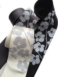 Orchid Print Silk Necktie, by Cyberoptix. Silver on cream, charcoal, black.