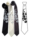 Orchid Print Silk Ties, by Cyberoptix. Silver ink on black, cream, charcoal + lineart.