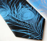 Peacock Feather necktie. Electric blue on black.