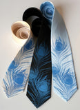 Peacock Feather necktie. Electric blue on cream, black, sky.