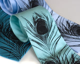 Peacock Feather Neckties. Black ink on aqua, turquoise, sky blue.