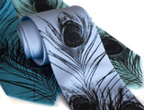 Peacock Neckties: Black print on sky blue, turquoise, aqua.