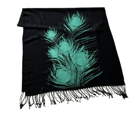 Peacock Feather Scarf. Linen weave pashmina