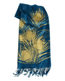 Peacock pashmina: gold on teal blue.