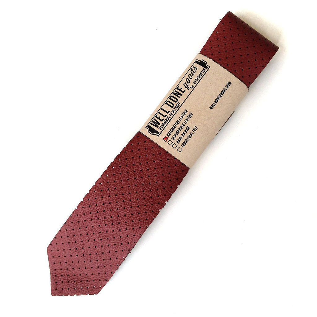 Perforated Oxblood Red Leather Necktie, Automotive Leather Tie