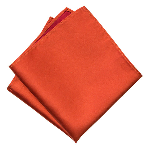 Persimmon Pocket Square. Red-Orange Solid Color Woven Silk, No Print
