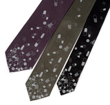 Pill Spill Necktie: Dove gray on charcoal, olive, black.