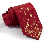 Pill Necktie: Gold ink on burgundy microfiber.