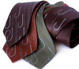 Fish Hook neckties. Dove gray on dark brown, cinnamon, olive.