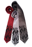 Black ink on red, silver, charcoal microfiber.
