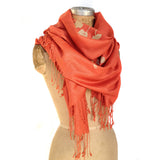 Soft gold ink on persimmon light pashmina.