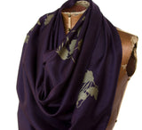 Poppy pashmina. Antique brass on eggplant scarf.