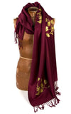 Poppy pashmina. Gold ink on maroon scarf.