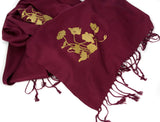 Poppy pashmina. Gold ink on maroon scarf.