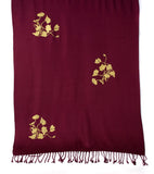 Poppy pashmina. Gold ink on maroon scarf.