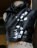 Poppy silk scarf. Silver ink on black silk scarf.
