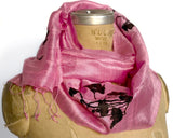 Poppy silk scarf. Black ink on pink silk scarf.