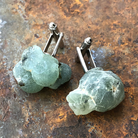 Prehnite Cufflinks. Prehnite crystal, raw stone cuff links