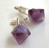 Purple Fluorite Octahedron Cufflinks, raw stone men's crystal cufflinks, Cyberoptix
