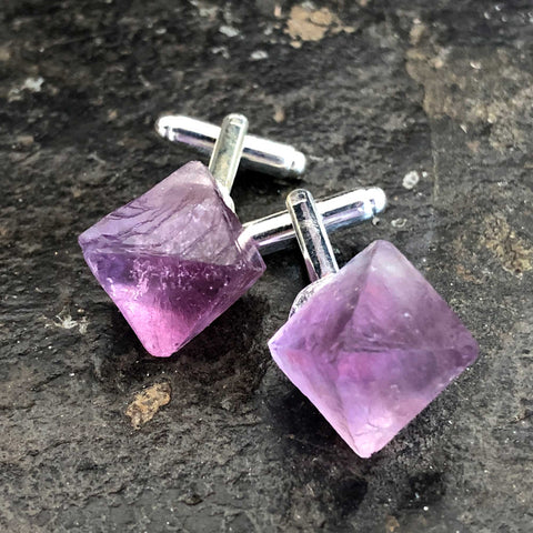 Purple Fluorite Octahedron Cufflinks, raw stone men's crystal cufflinks