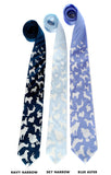 White ink on navy, sky, blue aster microfiber.