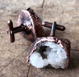 Druzy Quartz Crystal Cufflinks. Electroformed copper, raw stone crystal cuff links