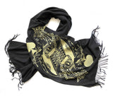 Queen of Spades Playing Card Scarf, gold on black. Linen-Weave Pashmina, by Cyberoptix