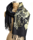 Queen of Spades Playing Card Scarf, gold on black. Linen-Weave Pashmina, by Cyberoptix