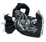 Queen of Spades Playing Card Scarf, silver on black. Linen-Weave Pashmina, by Cyberoptix