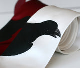 Raven necktie. Black ink on white, burgundy.